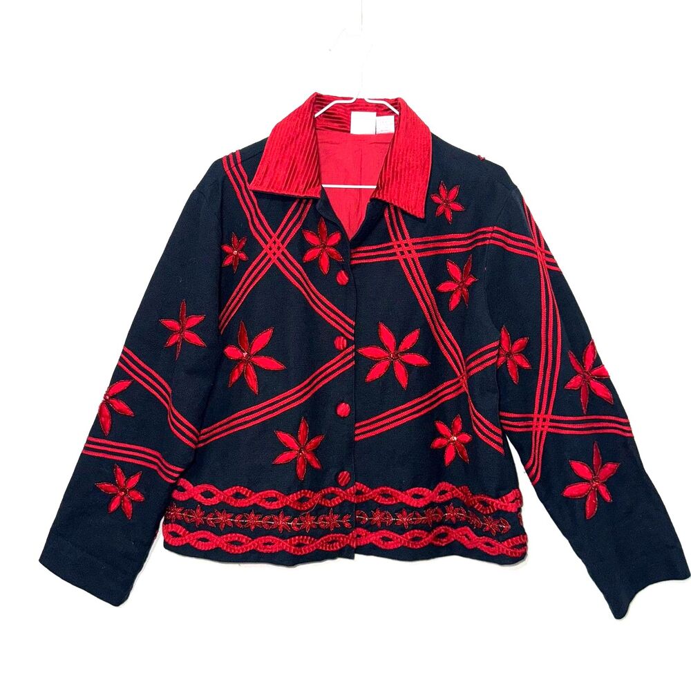 VTG Bleu Bayou Twill Beaded Embroidered Jacket Corduroy Collar - Black/Red L